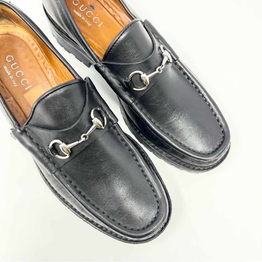 Vintage Gucci 90s Y2K Horsebit Loafers Shoes Black Leather Lug Sole Chunky 39 9 - Picture 3 of 12